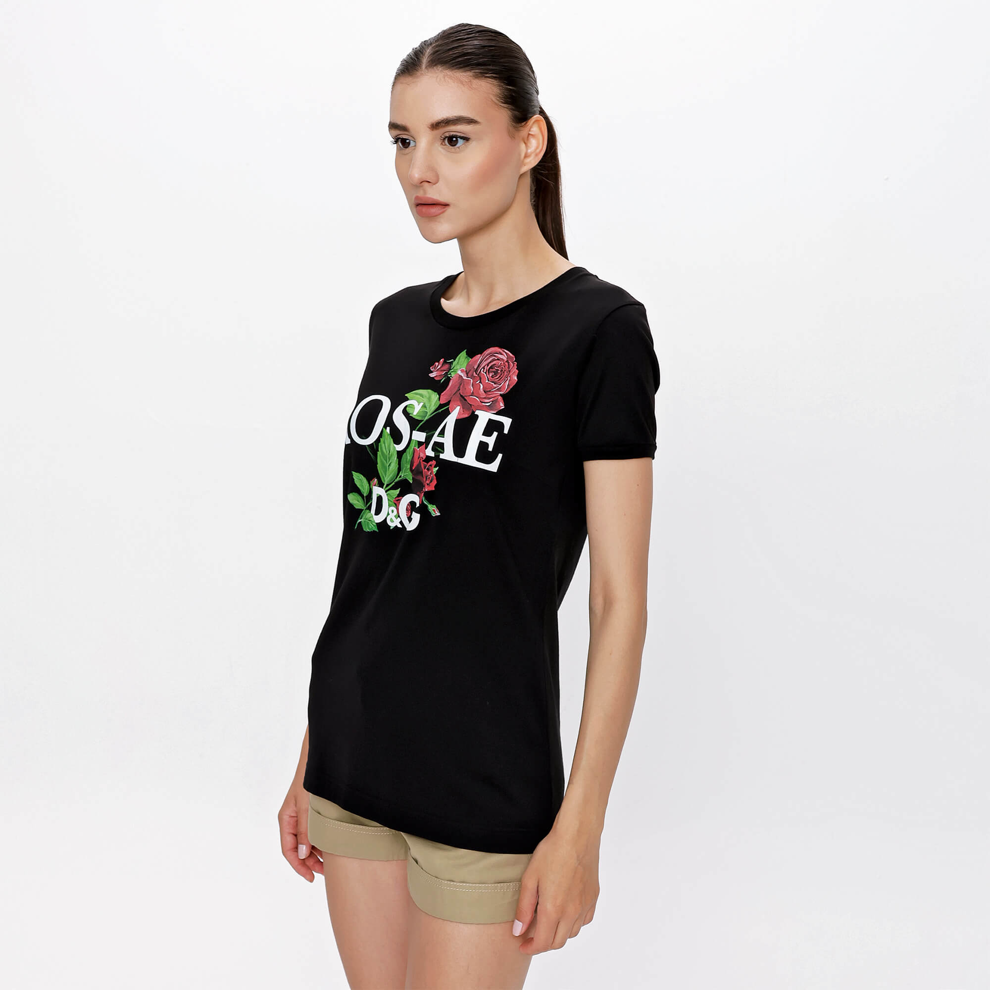 Dolce&Gabbana - Black Cotton Rose Print Tshirt